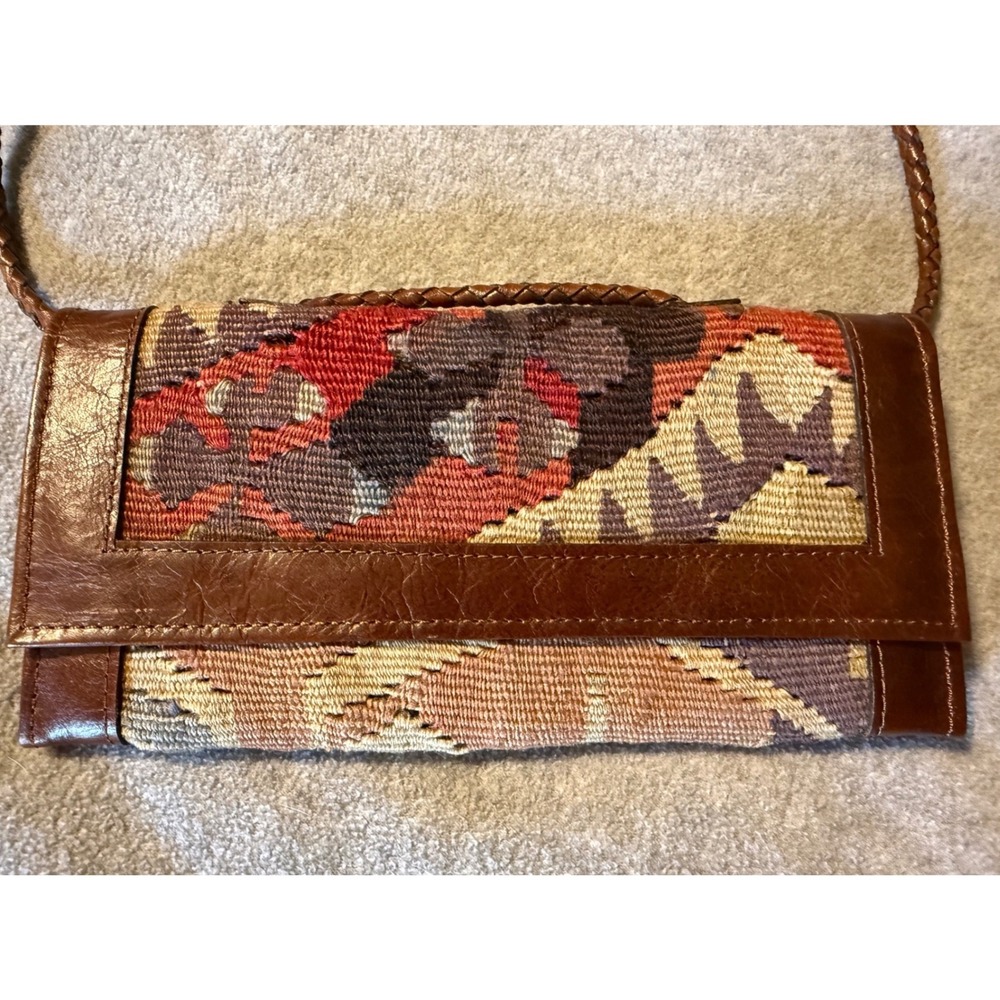 Vintage Kilim Wool Leather Crossbody Wallet Bag Turkish Woven Boho Brown Handbag
